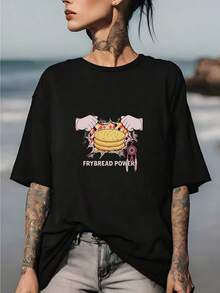 Fried Bread Power T-Shirt | Unisex Printed T-Shirt (180g) - A Perfect Gift Option For Halloween At Family And Company Gatherings! - Unisex Loose-Fitting Cotton Short-Sleeved Crew Neck T-Shirt In An Urban Vintage Style. - 黑色 - 查看 7