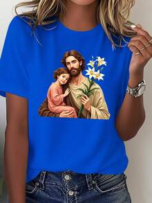 A Comfortable Solid-Colored Women's T-Shirt With A Religious Illustration Of Saint Joseph. - Black - View 7