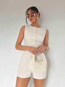 Mono de unicolor con botones frontales y sin mangas para mujer, conjunto de vestir de verano para el trabajo - Albaricoque - Ver 3