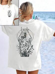 Mystical Lamb-Shaped Figure Symbolizing Purity, Transformation, And Inner Strength, Accompanied By Abstract Lines Evoking Freedom And Balance. Women's Double-Sided T-Shirt With Modern Artistic Print - White - View 1