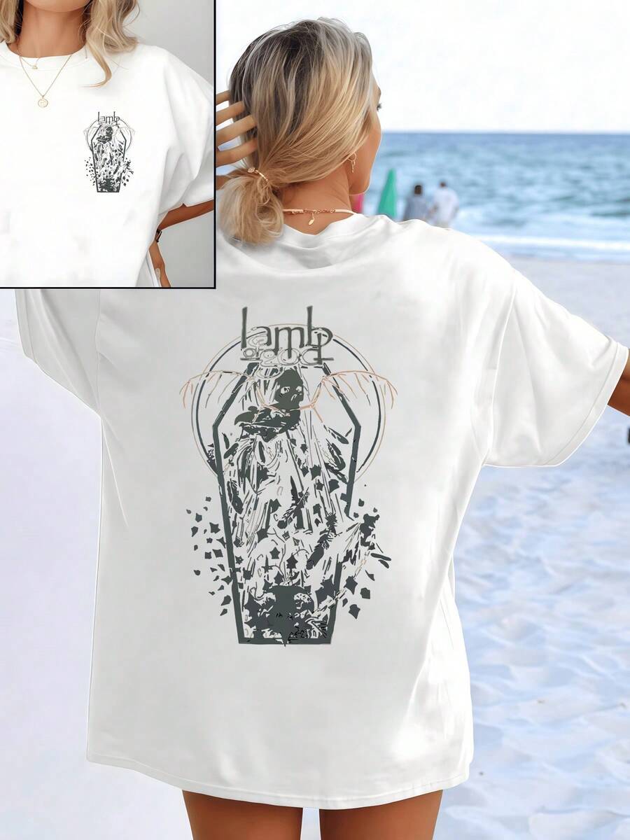 Mystical Lamb-Shaped Figure Symbolizing Purity, Transformation, And Inner Strength, Accompanied By Abstract Lines Evoking Freedom And Balance. Women's Double-Sided T-Shirt With Modern Artistic Print - White - View 1