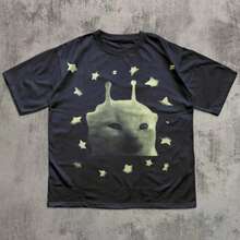 Y2K Alien Cat T-Shirt, Funny Kitten Print T-Shirt, Quirky Cat T-Shirt, 90s Retro Clothing, Gift For Animal Lovers - 黑色 - 查看 2