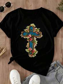 White T-Shirt With Floral Cross Print, Christian Religious Design For Casual Wear And Everyday Outfits - màu đen - Xem 4