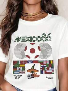 1pc White T Shirt Mexico 86 World Cup Football Graphic Print Casual Wear For Women And Men, Soft Cotton, Round Neck, 100% Cotton, Soft Fabric, Short Sleeve, Breathable And Cool - 白色 - 查看 7