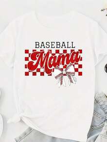 "Baseball Mama" T-Shirt With Red Plaid Pattern And Baseball Bow Print For Game Day And Independence Day Celebration, "Mama" Style. - 白色 - 查看 4