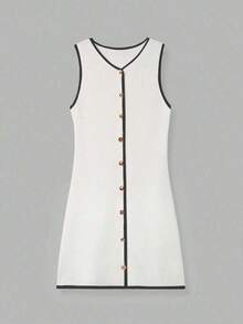 Vestido corto de punto ligero de estilo minimalista y casual para la primavera/verano, con cuello en V, botones metálicos y sin mangas, para uso diario y de paseo - Blanco con bordes negros - Ver 6