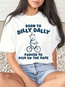 1 Piece Women's T-Shirt With Bear Riding A Bicycle Print, "Born For The Dilly Dally, Forced To Pick Up The Pace", Casual, For Everyday Wear, Round Neck, Short Sleeve, Soft And Comfortable, 220g/180g, 100% Cotton - 白色 - 查看 10