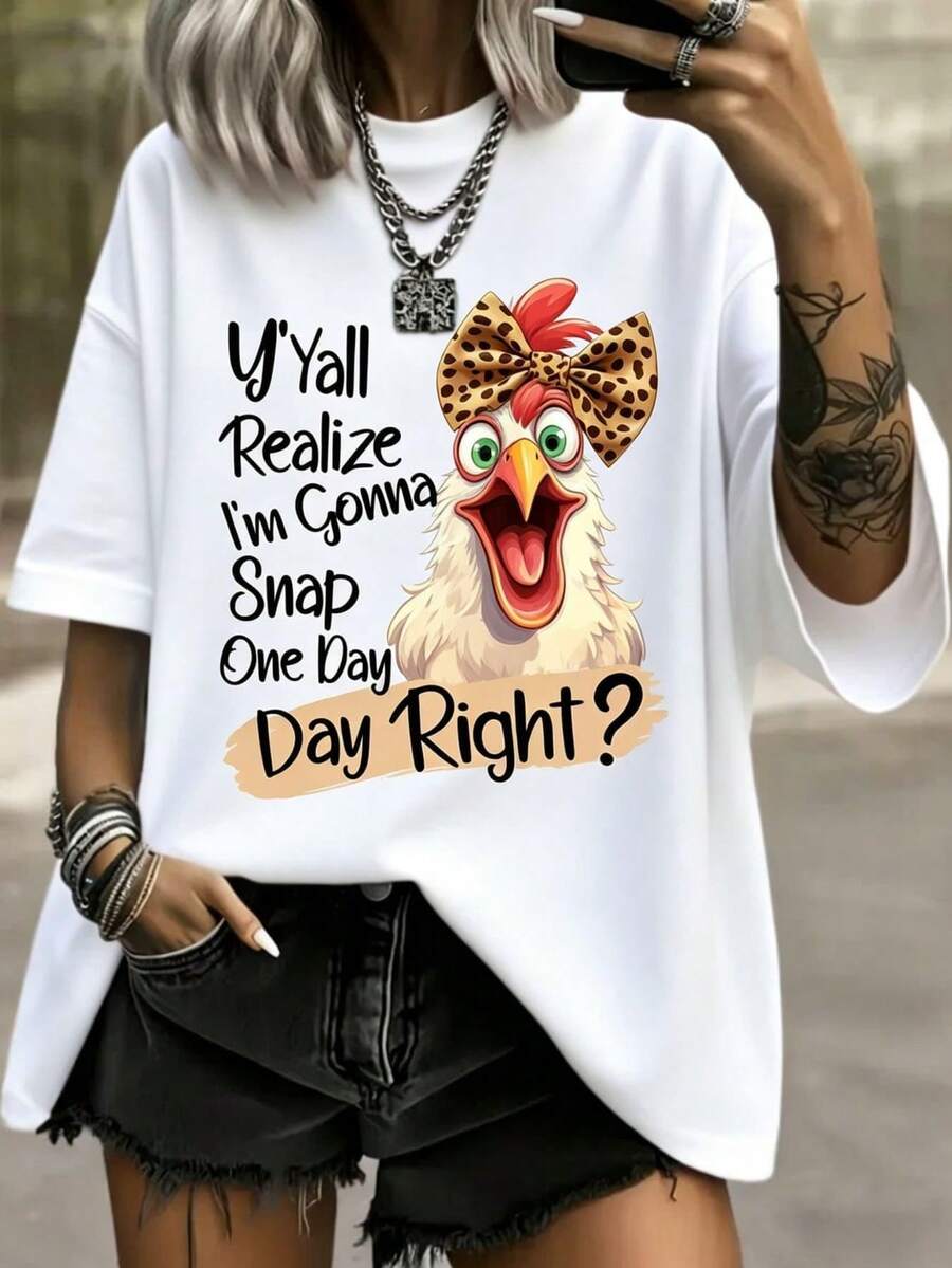 Women's White Short-Sleeved T-Shirt With Fun Chicken Prints, Round Neck, Soft And Micro-Elastic Casual Design, Cool And Breathable, With Attractive Personality, Urban Bohemian Retro Style, Suitable For Daily Comfort And Relaxation. - 白色 - 查看 1