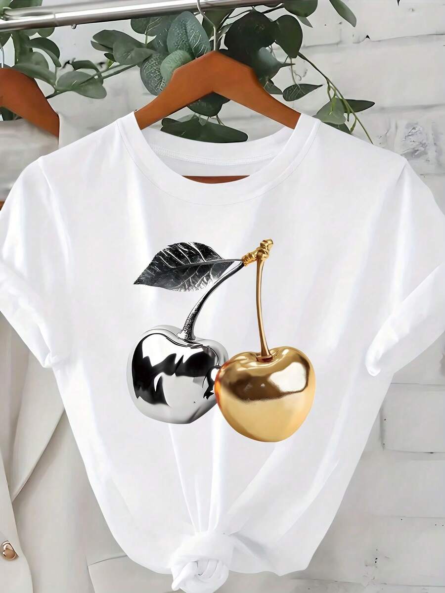 Women's Vintage T-Shirt With Gold And Silver Cherry Print And Silver Leaves, Short Sleeve, Round Neck, Casual Style, Suitable For Autumn, Summer And Spring, Daily Wear, Women's Clothing - 黑色 - 查看 1