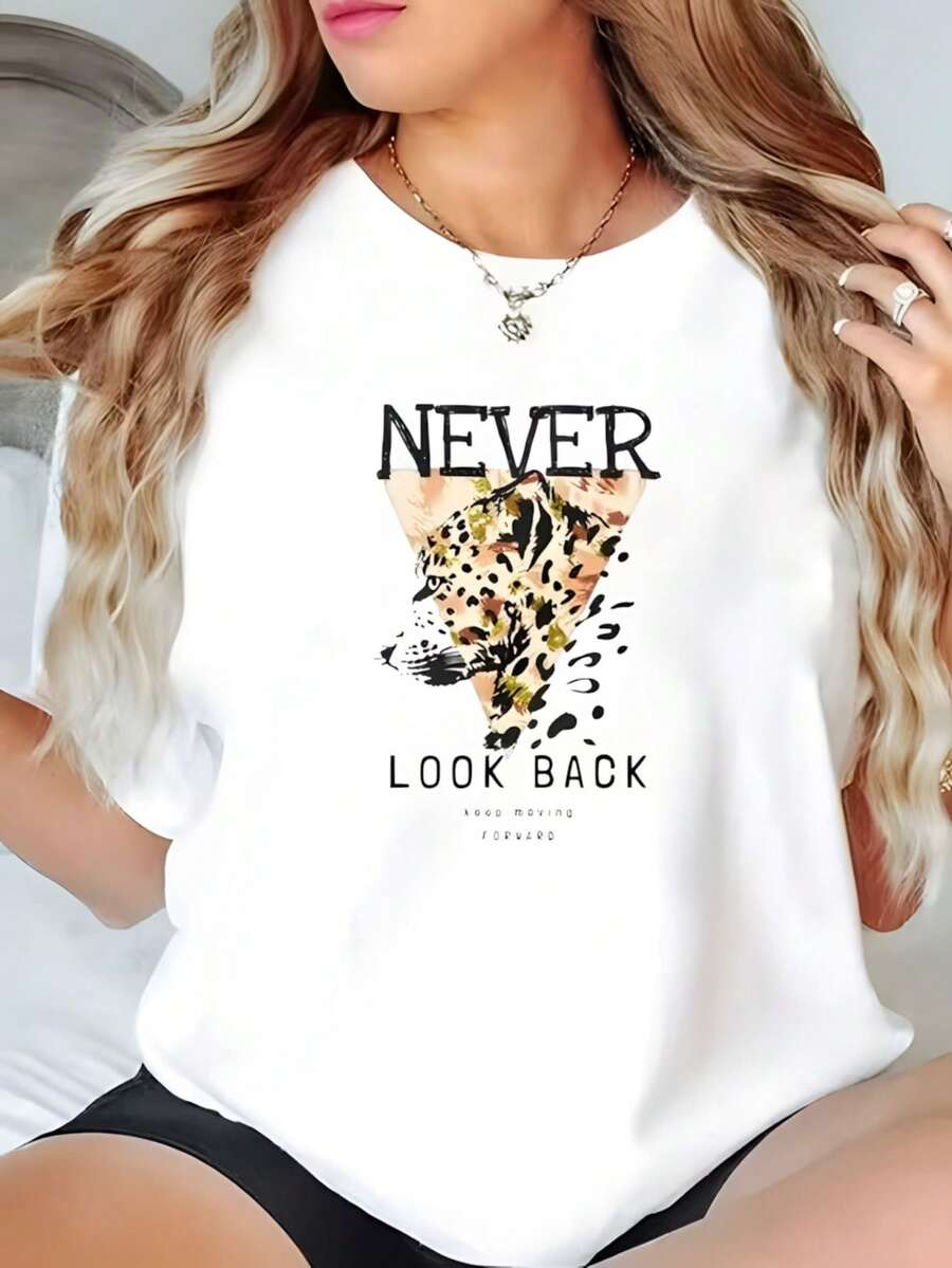 Women's T-Shirt With The Phrase "NEVER LOOK BACK", Leopard Print In Triangle, Animal Face And Black Dots - White - View 1