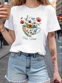 1 Piece Of Teacup Floral Print T-Shirt, Short Sleeve, Round Neck, Casual Style, Suitable For Summer And Spring, Women's Clothing, 180g, 100% Cotton. - 白色 - 查看 1
