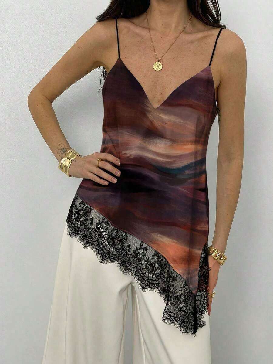 Top de tirantes de mujer con encaje y bajo asimétrico - Multicolor - Ver 1