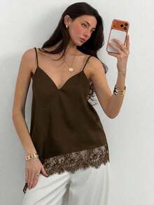 Camiseta elegante y sexy de mujer con estampado de leopardo y encaje en contraste, camiseta de estampado de leopardo elegante, top de fiesta, atuendos de playa y vacaciones para mujeres, top para salir - Café integral - Ver 3