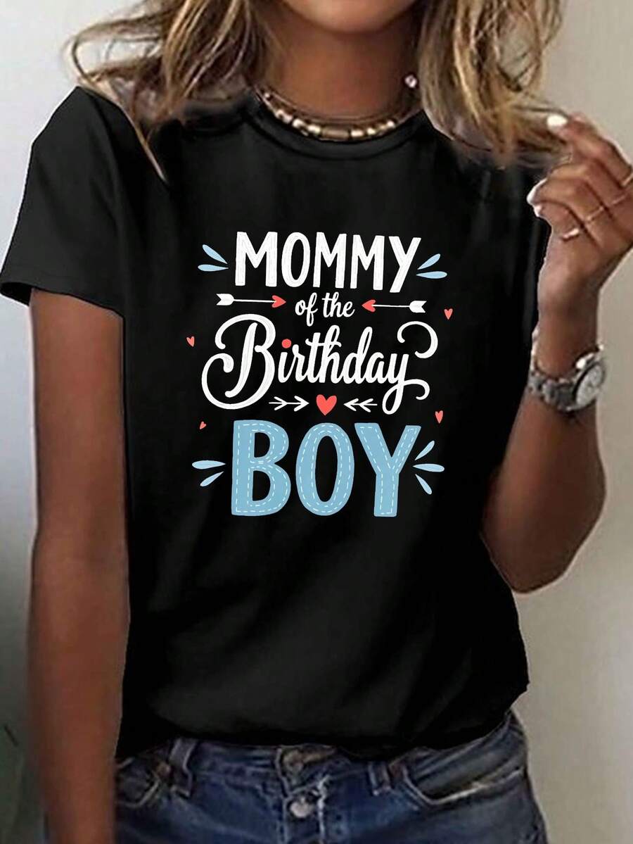 Funny T-Shirt For Women "BIRTHDAY MOM" - Birthday Outfit, Casual Short Sleeve Crew Neck Top With Text, Fit For Mom All Year Round - 黑色 - 查看 1