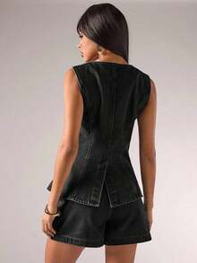 Blusa vaquera sin mangas con botones delanteros, casual y para ir al trabajo, para verano - Negro - Ver 2