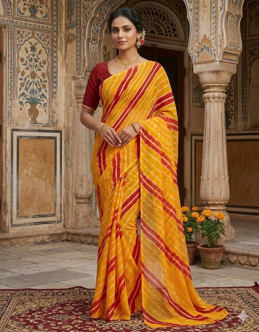 Estationeryhouse Printed Chiffon Saree With Double Stripes (No Blouse) - Yellow/Red - View 1