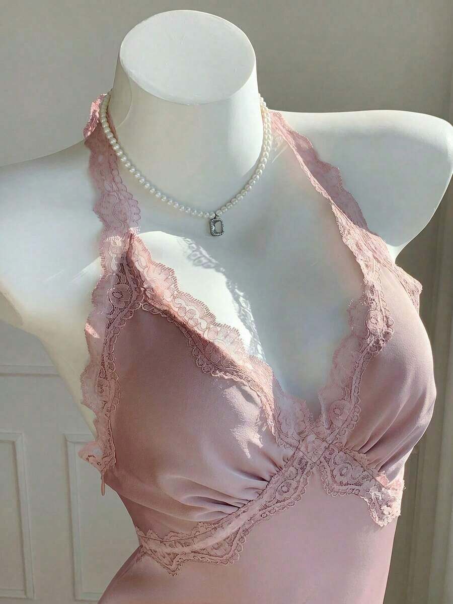 Top halter sin espalda con parches de lunares y encaje para mujer - Rosa - Ver 1