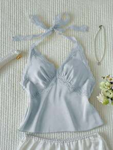 Top halter sin espalda con parches de lunares y encaje para mujer - Azul - Ver 1