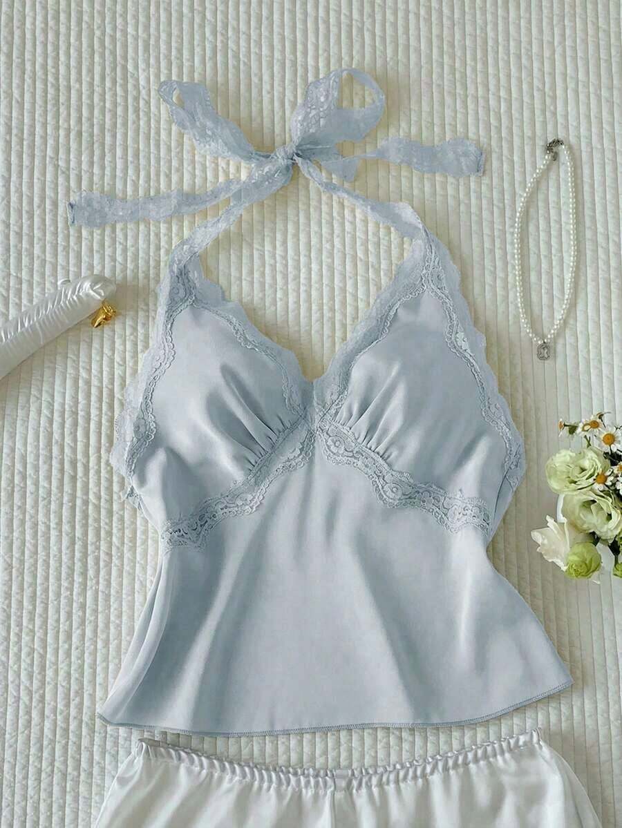 Top halter sin espalda con parches de lunares y encaje para mujer - Azul - Ver 1