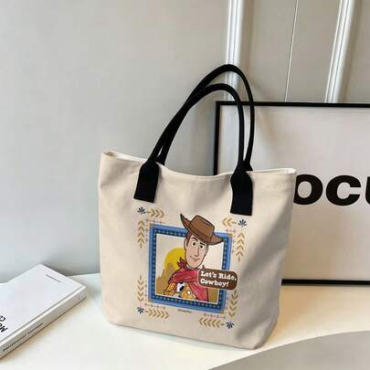 Miniso Disney Toy Story Woody Let's Ride, Cowboy! Canvas Tote Bag, Beige Western Print Shoulder Bag For Daily Use