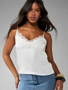 Top de satén con escote en V, tirantes finos, estilo elegante de camiseta, para primavera y verano - Blanco - Ver 5