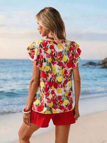 Blusa de cuello redondo con volantes y estampado de sombras florales primaverales para mujeres - Multicolor - Ver 8