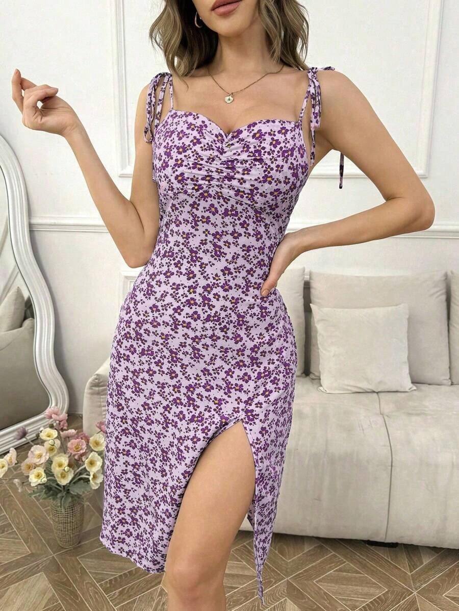 Vestido de tiras con nudo y abertura lateral con estampado floral diminuto, para vacaciones y looks de playa para mujeres - Morado - Ver 1
