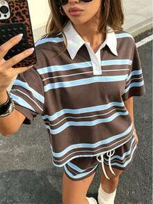 復古藍色條紋針織兩件套，美式休閒 Y2K 風格套裝，夏季優雅 - 彩色 - 查看 2