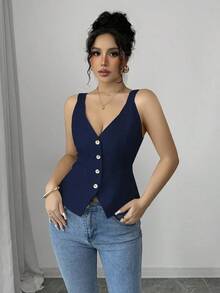 Camiseta sin mangas de un solo pecho de unicolor casual para mujer - Azul marino - Ver 6