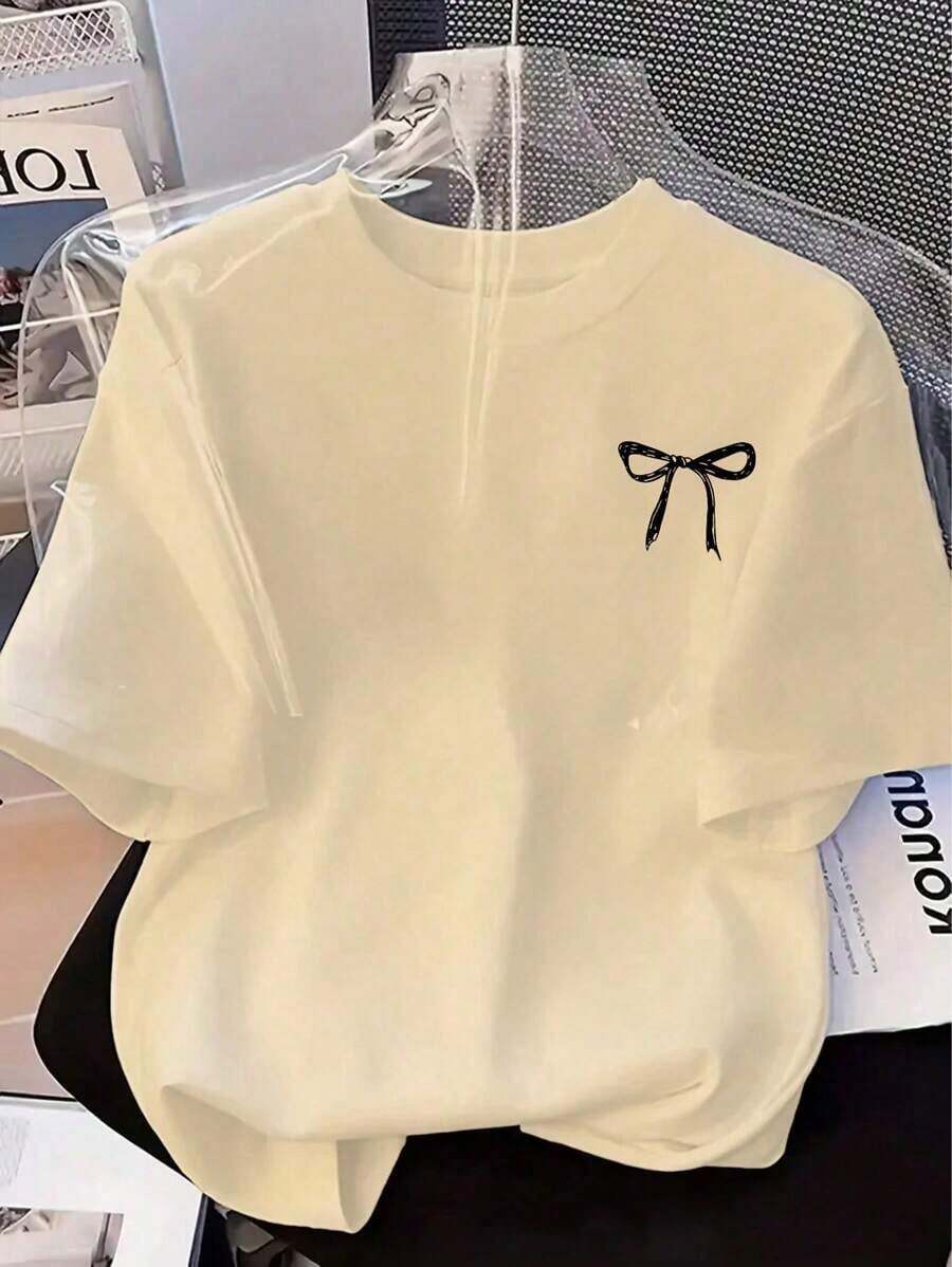 Blusas casuales para dama algodón color white, playera manga corta con lazo rosa, tops estilo delicado primavera verano 2026 para uso diario - Blanco - Ver 1
