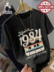 Women's Plus Size 100% Cotton Short Sleeve T-Shirt With 1984 Cassette Tape Print And English Lyrics, Soft Fabric, Casual Summer Top, Graphic Tee, Beach Vacation, Travel Outfit, Minimalist Holiday Style In Black - 黑色 - 查看 11