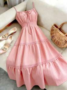 YHHElenzga Vestido elegante francés con diseño de rayas texturizadas, cuello en V, cintura con cordón y encaje, elegante y chic, adecuado para la playa, vacaciones y uso diario casualYHH - Rosa - Ver 1