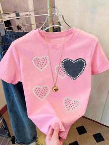 Plus Size Women's Short-Sleeved T-Shirt With A Round Neck And Heart Print, Suitable For Spring And Summer, A Good Choice For Everyday Wear, With Comfortable And Breathable Fabric. Casual Black Color - Rose - View 3