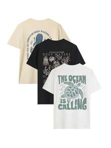 Set Of 1 Women's Short-Sleeved T-Shirt With Round Neck, Minimalist And Colorful Graphic Print Of Letters, Sea Turtle, Dolphin And Jellyfish, Versatile, Suitable For Women's Blouses, Casual Holiday Wear, Spring - 黑色 - 查看 2