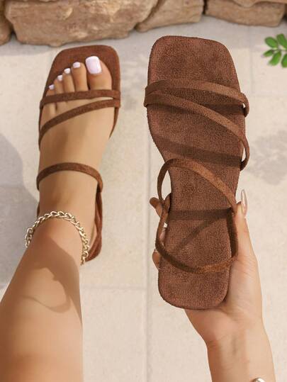Niche Design Thin Strap Woven Open Toe Sandals, Korean Ins Style Versatile Flat Casual Sandals