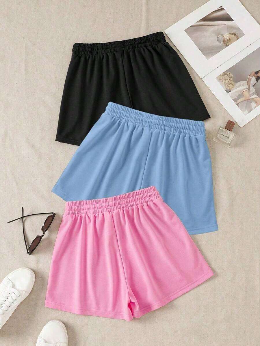 3 piezas Pantalones cortos deportivos casuales de cintura elástica y cordón de unicolor - Rosa - Ver 1