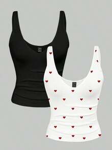Set de 2 piezas: Pantalón corto ajustado y camiseta de tirantes de cuello en V de unicolor para mujeres - Negro - Ver 3