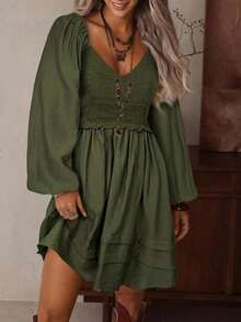 Vestido bohemio de estilo mini con cuello en V, hueco, de ganchillo, parches, manga larga, cintura elástica y bajo suelto, en color albaricoque, para mujer, para otoño/invierno - Verde militar - Ver 1