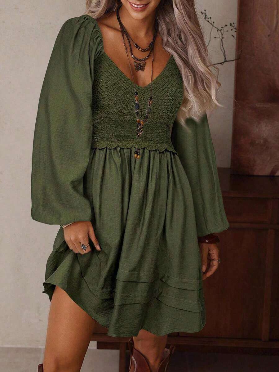 Vestido bohemio de estilo mini con cuello en V, hueco, de ganchillo, parches, manga larga, cintura elástica y bajo suelto, en color albaricoque, para mujer, para otoño/invierno - Verde militar - Ver 1