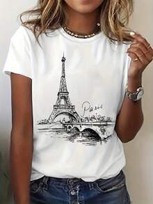 Women's T-Shirt With The Eiffel Tower Of Paris - French Travel Style, Short Sleeve, Round Neck, With Iconic Monument Print, Casual Blouse Suitable For Spring And Summer Wardrobe, French Capital Clothing For Casual Outfits And Holidays In Paris - 白色 - 查看 1