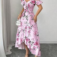 Women's Spring/Summer New Romantic Retro Palace Style Beach Vacation Atmosphere Outfit, Daily Gathering, Date Party, Floral Print, Oblique Collar Ruffle Hem Irregular Hem Design, Long Pink Maxi Dress - Albaricoque - Ver 6