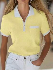 Top de punto elegante para mujer, estilo minimalista, con media cremallera y diseño de bolsillo con cremallera en color contrastante, ropa de calle, top de punto de manga corta versátil y sencillo, ropa de verano para exteriores. - Amarillo - Ver 10