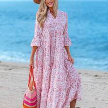 Casual Floral Pattern V-Neck Long Sleeve Pleated Dress For Women, Suitable For Autumn Blue And White Floral Dress Chic Dress,Vacation - Beis - Ver 7