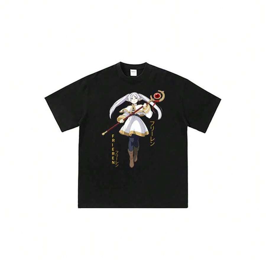 Camiseta unisex ligera de manga corta con estampado de personajes de anime clásico de Sousou-No-Frieren - Negro - Ver 1