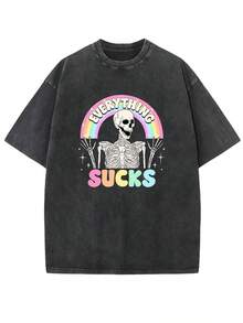 Halloween T-Shirt With A Horror Theme, Everything Is Terrible Vintage Style, Washed High-Quality Cotton With Print, Men's Summer Clothes, Vintage Drop Sleeve, Round Neck, Short Sleeve, Women's T-Shirt, National Shipping - 黑色 - 查看 1