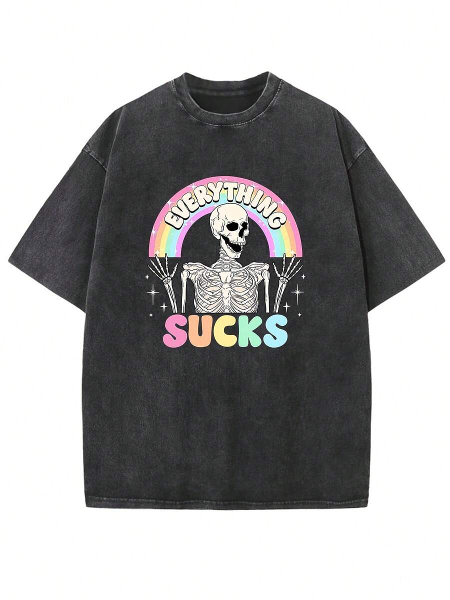Halloween T-Shirt With A Horror Theme, Everything Is Terrible Vintage Style, Washed High-Quality Cotton With Print, Men's Summer Clothes, Vintage Drop Sleeve, Round Neck, Short Sleeve, Women's T-Shirt, National Shipping - 黑色 - 查看 1