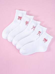 5雙女童可愛粉色蝴蝶結印花短襪，春夏薄款透氣吸汗快乾防滑舒適，公主風校園風休閒中筒襪，適合日常、上學、派對、復活節、生日等場合，蝴蝶結白色拼色荷葉邊襪口設計，女童時尚學生襪，必備襪子，送給女童的最佳禮物 - 彩色 - 查看 11