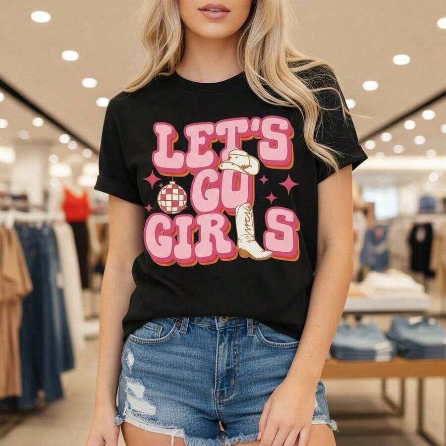 Women's "Let's Go Girls" Graphic Print Cotton T-Shirt, Casual Short-Sleeve Crew Neck Tee With Cowboy Hat And Disco Ball Design, Loose Fit, Summer Essential Top, Sizes S-5XL, Pink Letter Print Tee For Parties And Holidays. Suitable For Spring, Summer, And Autumn. - 黑色 - 查看 1