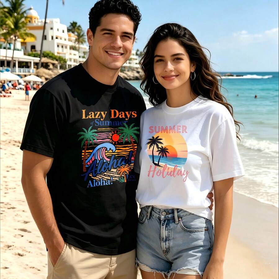 2-Piece Couple Matching Pattern T-Shirt, 100% Cotton, Loose Fit, Soft And Breathable, Casual Round Neck Short Sleeved Top Lazy Days Summer Aloha Summer Holiday Sunset Palm Versatile Patterns No Picky Combinations Coordinated Dating Casual Travel Simple And Cartoonish Printing Styles High - 黑色 - 查看 1