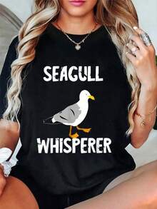 Women's  Graphic Print Short-Sleeve T-Shirt, 100% Cotton, Featuring A Design Of Seagulls, Albatrosses, Teal, And Beach Birds. Vintage-Style Relaxed Fit Women's T-Shirt, Premium Soft Tops, Fashionable Crew Neck Tees With A Print. Comfortable, Soft, And Simple Top For Everyday Wear. - 黑色 - 查看 1
